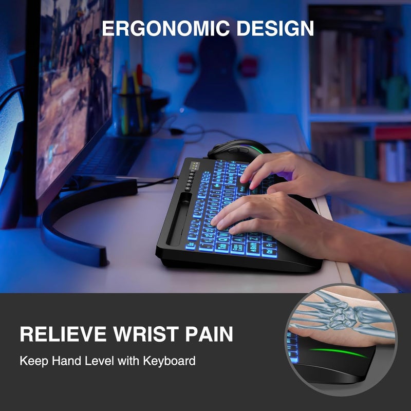 SABLUTE Large Print Backlit Keyboard, Wired USB Computer Keyboards with 7-Colors Backlight, Wrist Rest, Phone Holder, Oversized Letter Keys Easy to See and Type for Laptop, PC, Windows, Black - Image 3
